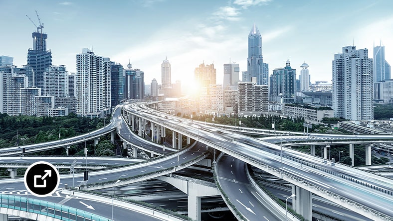 Skyline view of a bridge with freeway interchange