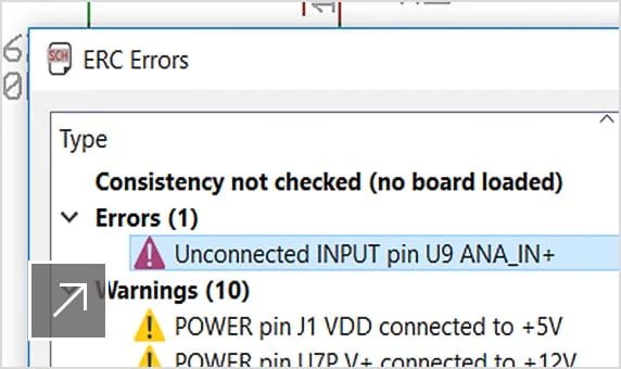 User interface in EAGLE displaying electronic rule checking with ERC Errors panel open