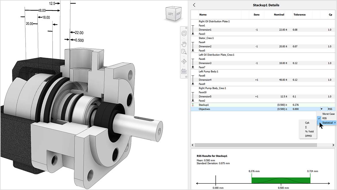 Screenshot of a tolerance analysis panel for pump body model in Autodesk Inventor Tolerance Analysis