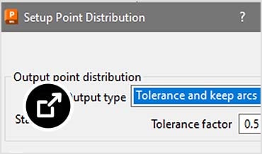 PowerMill interface showing point distribution parameter controls for Machining Setups