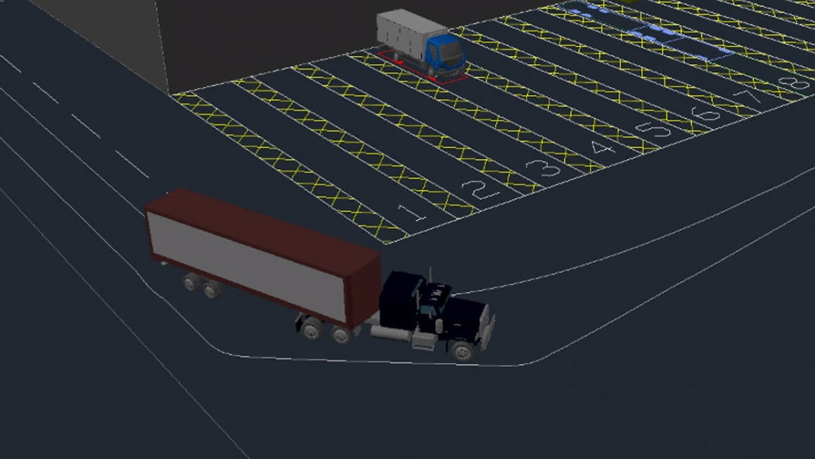 Rendering of a container truck navigating a turn 